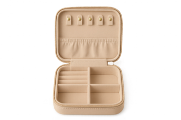 Open beige jewelry box isolated on transparent background, stylish design