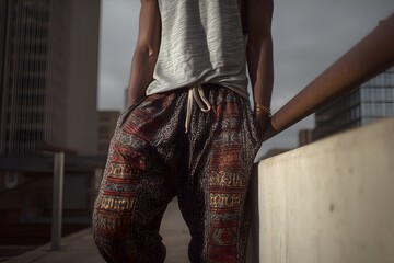 Man in loose patterned pants leaning on a concrete railing in the city