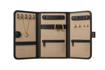 Open jewelry organizer with gold necklace, earrings, and zippers isolated