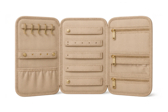 Beige jewelry organizer isolated on transparent background, open and empty