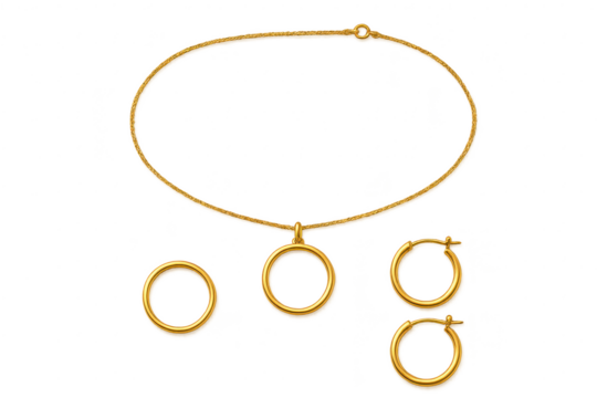 Elegant gold necklace and hoop earrings isolated on transparent background, jewelry