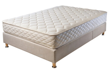 A comfortable quilted mattress and box spring set with wooden legs isolated on transparent background