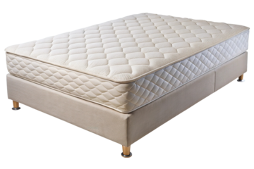 A comfortable quilted mattress and box spring set with wooden legs isolated on transparent background