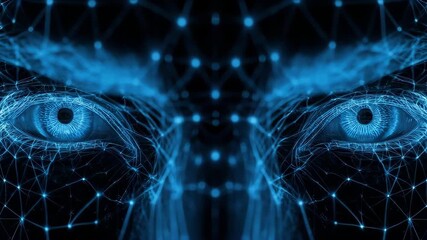 Close-up of glowing blue eyes with a digital neural network overlay, representing artificial intelligence and technology. - Powered by Adobe