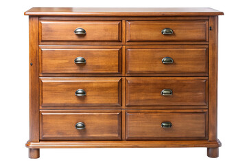 Antique wooden chest of drawers with eight drawers and brass knobs isolated on transparent background