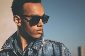 Fototapeta premium Portrait of a young handsome man in a denim jacket and sunglasses looking away