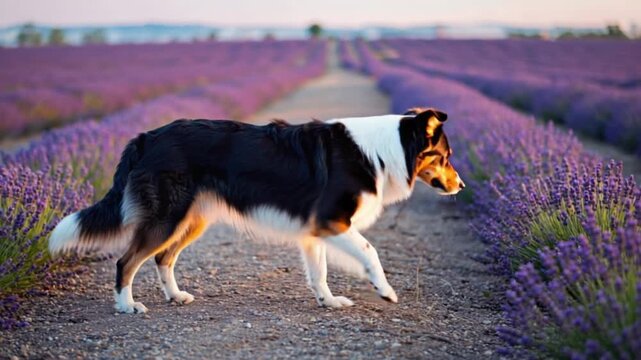 Border collie standing on a path between rows of lavender plants in a field at daytime dog video