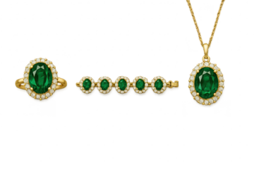 Exquisite gold emerald and diamond jewelry ensemble, isolated on transparent background.