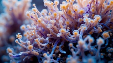 Abstract close up of coral polyp tentacles with orange tips and blue base in a marine environment