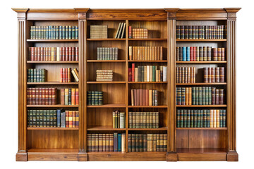 A grand wooden bookshelf filled with a diverse collection of antique and modern books isolated on transparent background
