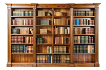 A grand wooden bookshelf filled with a diverse collection of antique and modern books isolated on transparent background