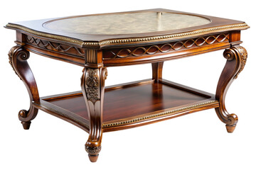 Ornate antique wooden side table with carved details and a decorative patterned top isolated on transparent background