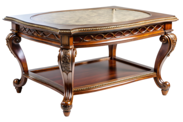 Ornate antique wooden side table with carved details and a decorative patterned top isolated on transparent background