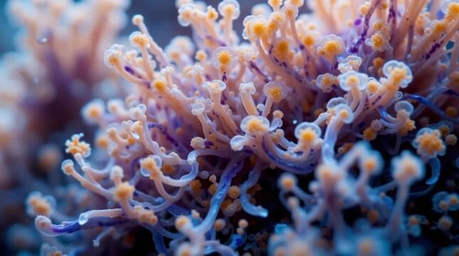 Abstract close up of coral polyp tentacles with orange tips and blue base in a marine environment