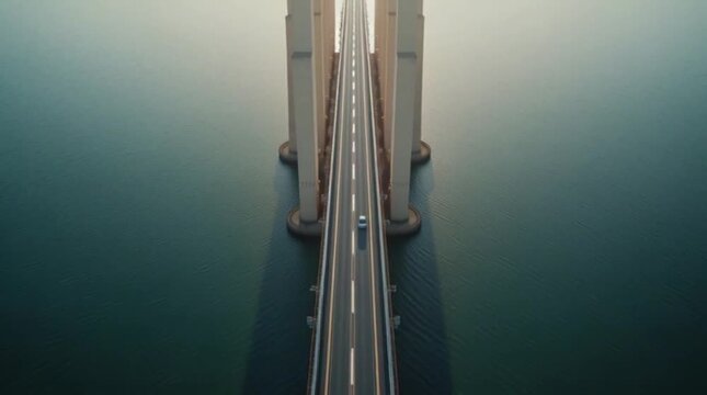Aerial view of a car driving on a long bridge over calm water at sunset creating a peaceful scene