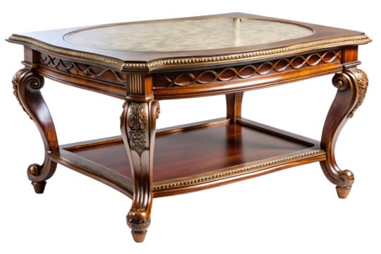 Ornate antique wooden side table with carved details and a decorative patterned top isolated on transparent background