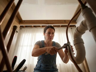 Determined female plumber tightening pipes under kitchen sink renovation