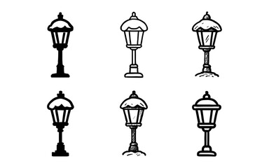 Classic lamp post designs with snow caps in hand-drawn style for winter themes