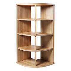 Rustic wooden corner shelf unit with four tiers for storage and display isolated on transparent background