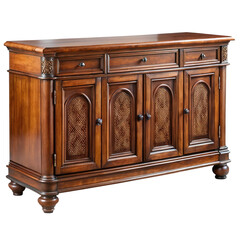 Antique ornate carved dark wood sideboard with drawers and four cabinet doors isolated on transparent background