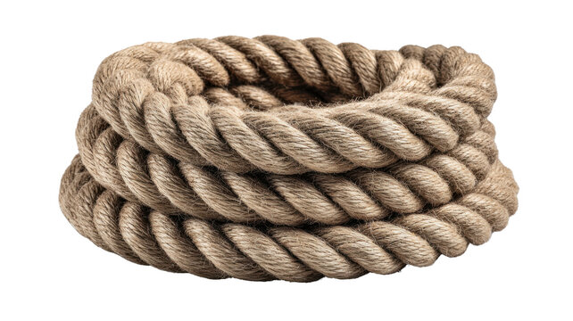 Coiled natural jute rope on a transparent background, rustic nautical equipment for sailing and working