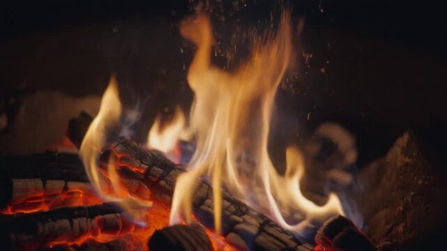 Close-up torch fire with floating ash embers in the dark, creating an intense dramatic cinematic atmosphere.