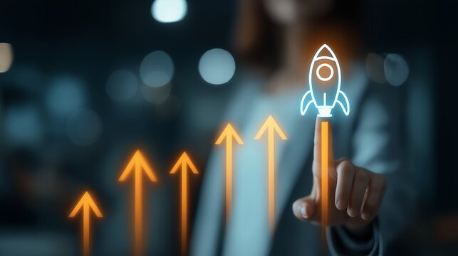 A Business Professional Using a Digital Rocket Icon to Represent Growth and Innovation in a Modern Workspace Environment