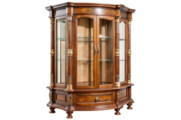 Antique ornate wooden display cabinet with glass doors and decorative carvings isolated on transparent background