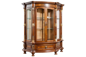 Antique ornate wooden display cabinet with glass doors and decorative carvings isolated on transparent background