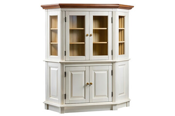 Antique white corner display cabinet with glass doors and wooden top isolated on transparent background