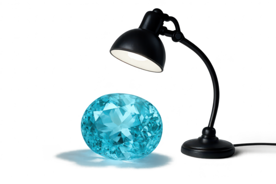 Black desk lamp illuminating a brilliant blue faceted gemstone, transparent background.