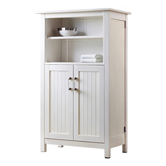 Classic white wooden cabinet with two doors and open shelves isolated on transparent background