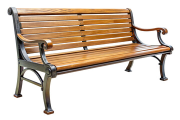 Classic wooden park bench with ornate metal frame isolated on transparent background