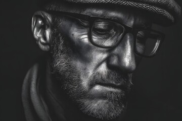 Contemplative portrait of a man wearing glasses in monochrome