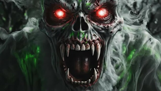 Frightening Undead Creature With Glowing Red Eyes and Green Emitters in a Dark Spooky Forest Cemetery