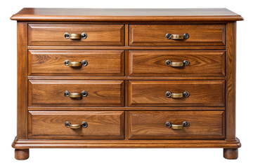 Classic wooden dresser with eight drawers and antique brass handles isolated on transparent background