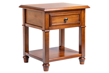 Elegant antique wooden nightstand with a single drawer and lower shelf isolated on transparent background