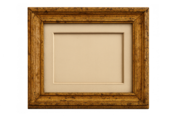 Ornate wooden picture frame with gold details, empty matting, vintage design, transparent background