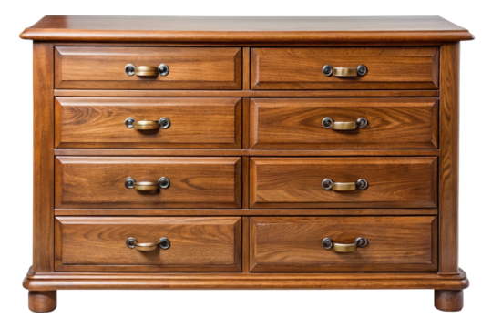 Classic wooden dresser with eight drawers and antique brass handles isolated on transparent background