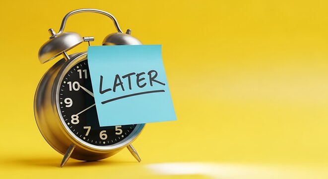 A closeup shot of an alarm clock with a sticky note that says later on a yellow background, symbolizing procrastination and the concept of delaying tasks