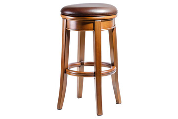 Classic wooden bar stool with a round brown leather seat isolated on transparent background