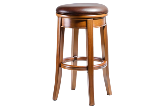 Classic wooden bar stool with a round brown leather seat isolated on transparent background