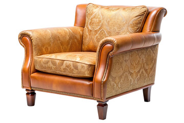 Classic chesterfield armchair with ornate fabric and leather accents isolated on transparent background