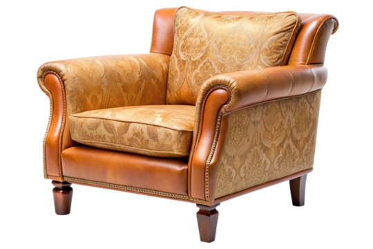 Classic chesterfield armchair with ornate fabric and leather accents isolated on transparent background