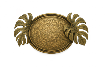 Golden plaque, floral design, monstera leaves, transparent background.