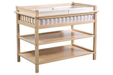 Natural wood baby changing table with three shelves and padded surface isolated on transparent background