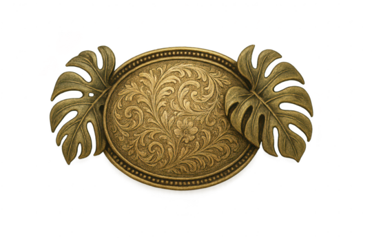 Golden plaque, floral design, monstera leaves, transparent background.