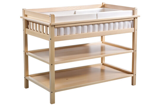 Natural wood baby changing table with three shelves and padded surface isolated on transparent background - Powered by Adobe
