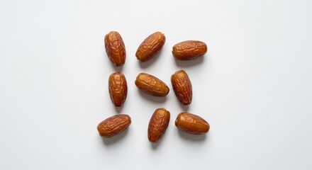 Dates Nine dried, wrinkled dates arranged on a clean, white surface, top-down view
