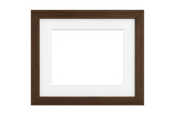 Empty brown wooden picture frame with white mat on transparent background, displaying a perfect template mockup